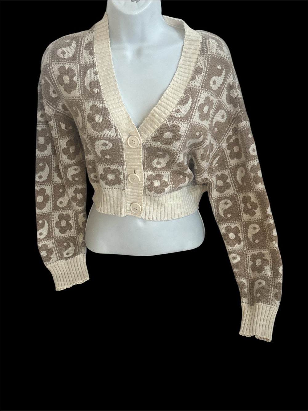 American Eagle Outfitters Cream & Taupe Floral-Block V-Neck Cardigan